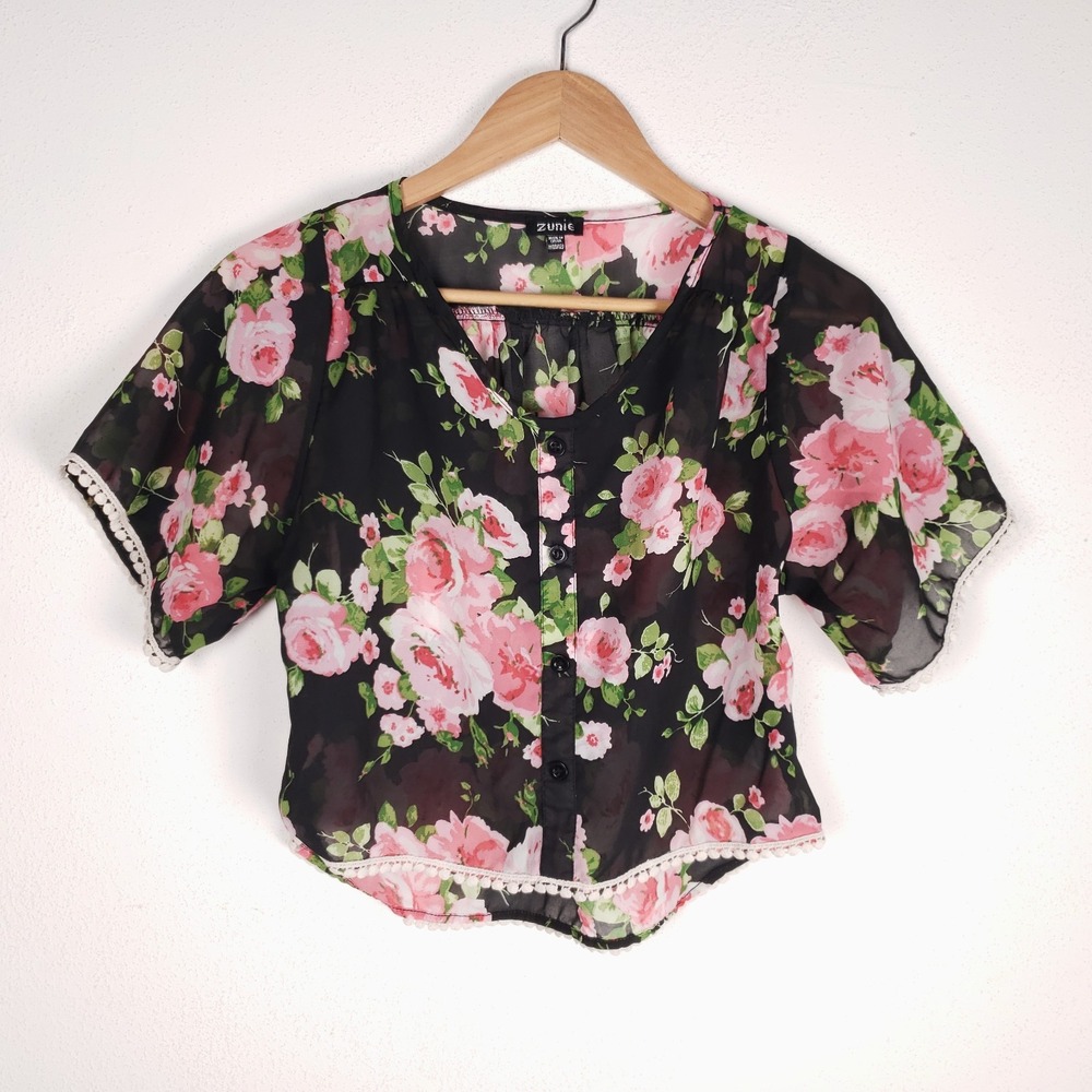 Zunie Top Girls M (10/12) Sheer Floral Flowy Pullover Short Sleeve Blouse Lace